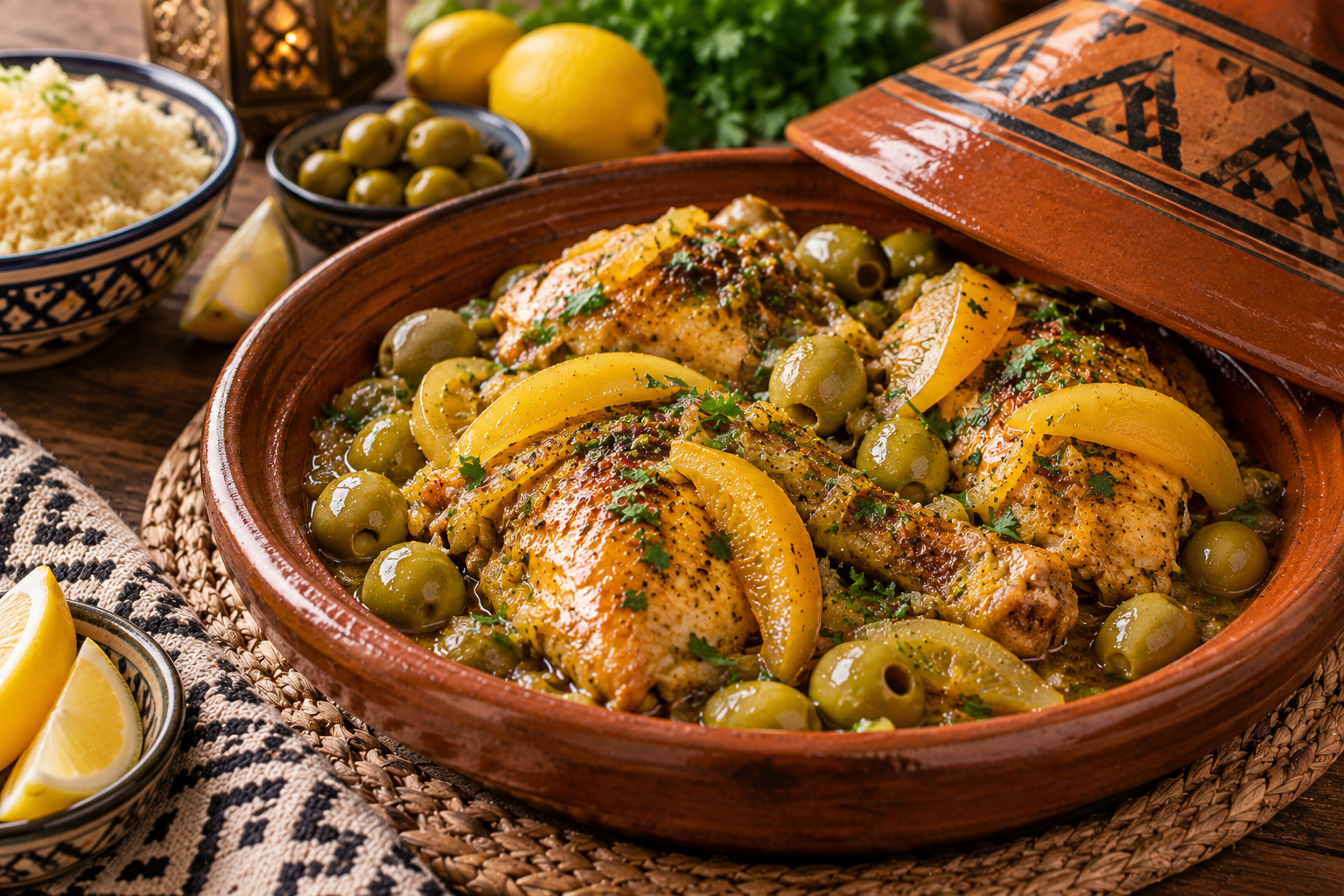 Tajine de poulet au citron confit et olives